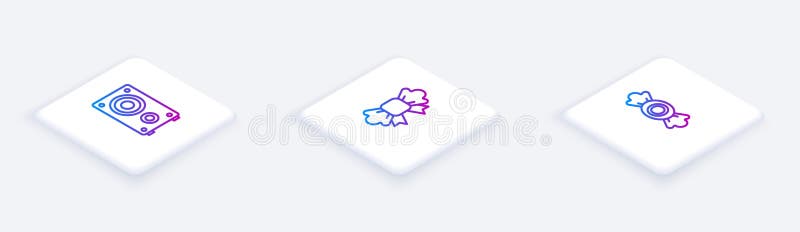 Set Isometric line Stereo speaker, Bow tie and Candy. White square button. Vector stock illustration