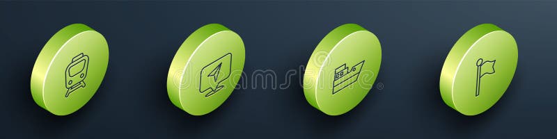 Set Isometric line Train, Infographic of city map navigation, Ship line path and Location marker icon. Vector royalty free illustration