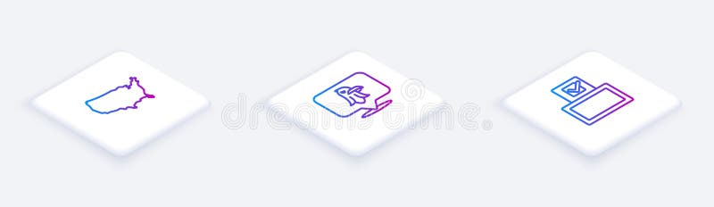 Set Isometric line USA map, Eagle and Vote box. White square button. Vector royalty free illustration