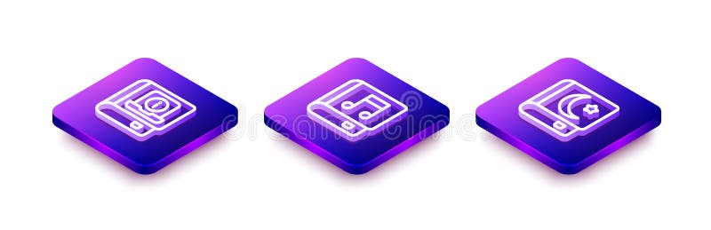 Set Isometric line User manual, Audio book and Holy of Koran icon. Vector royalty free illustration