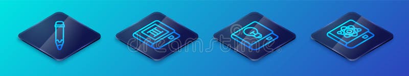 Set Isometric line User manual, Pencil with eraser, Book about physics and icon. Vector vector illustration