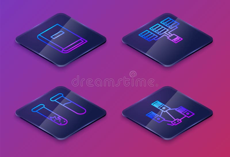 Set Isometric line User manual, Test tube and flask, Server, Data, Web Hosting and Computer network. Blue square button vector illustration