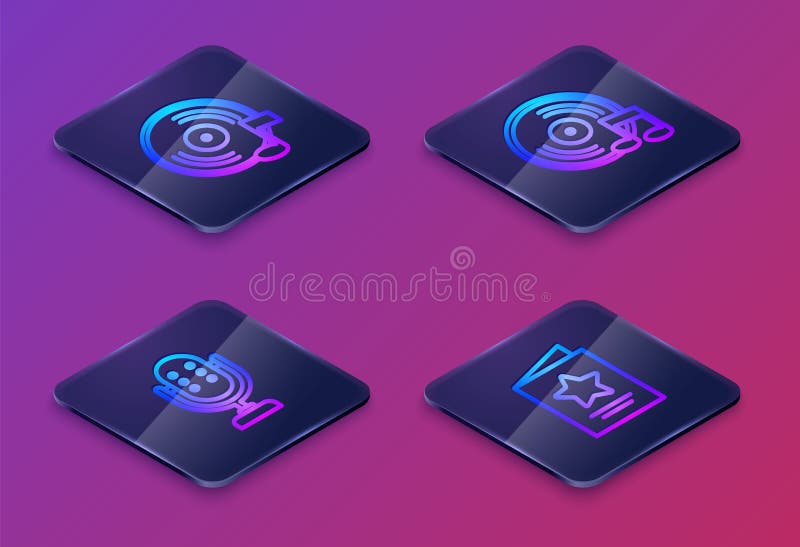 Set Isometric line Vinyl disk, Microphone, and Greeting card. Blue square button. Vector royalty free illustration