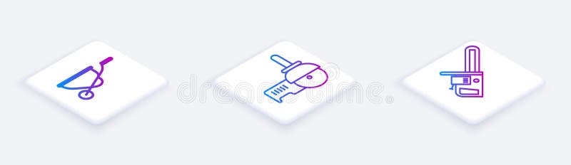 Set Isometric line Wheelbarrow, Angle grinder and Chainsaw. White square button. Vector royalty free illustration