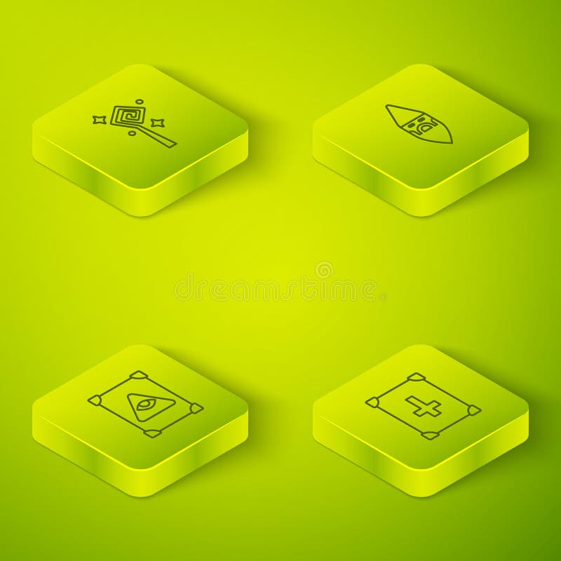 Set Isometric line Wizard warlock, Ancient magic book, and Magic staff icon. Vector vector illustration