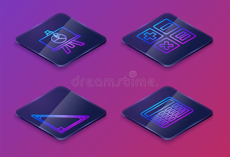 Set Isometric line XYZ Coordinate system, Calendar, Feather and inkwell and Chalkboard. Blue square button. Vector vector illustration