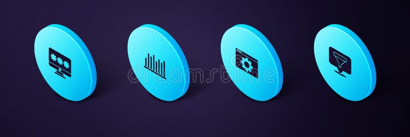 Set Isometric Location with sales funnel, Browser setting, Pie chart infographic and Monitor password icon. Vector stock illustration