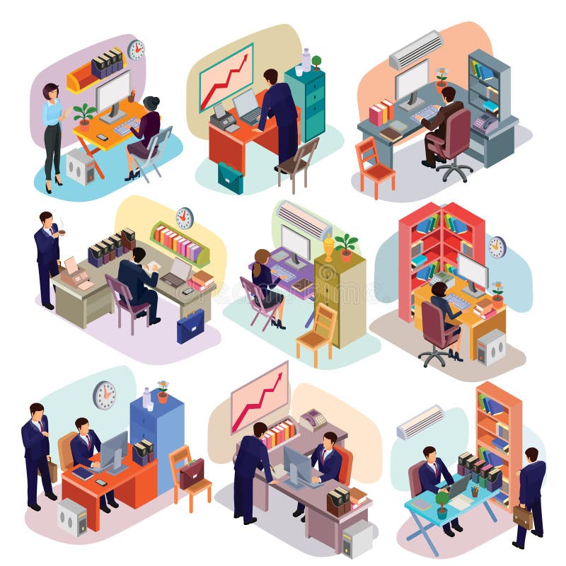 Set isometric ludzie w garniturach w biurze ilustracji Set isometric ludzie w garniturach w biurze ilustracji