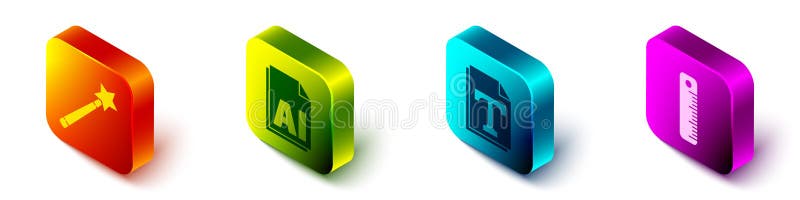 Set Isometric Magic wand, AI file document, Text file document and Ruler icon. Vector.