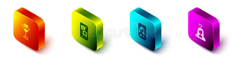 Set isometric martini glass mobile с приложением для знакомств в интернете и иконой любви. вектор иллюстрация штока