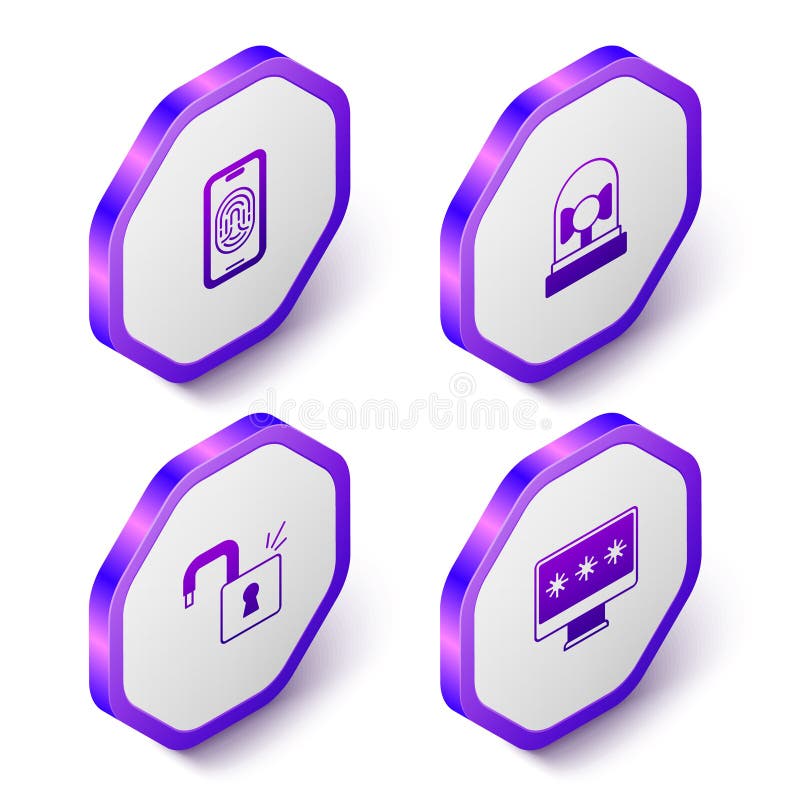 Set Isometric Mobile with fingerprint scanner, Ringing alarm bell, Open padlock and Monitor password icon. Purple stock illustration