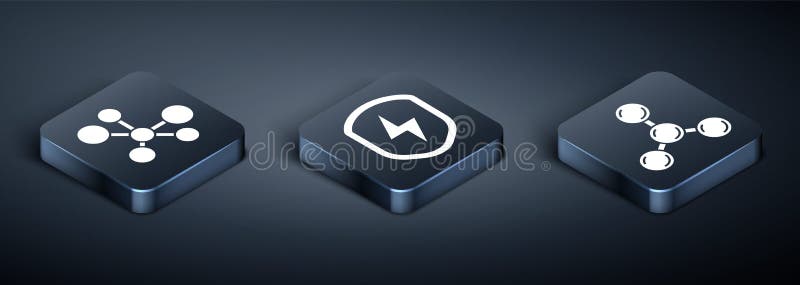 Set Isometric Molecule, Molecule and Secure shield with lightning icon. Vector stock illustration