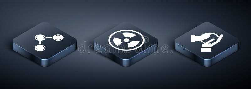 Set Isometric Molecule, Test tube and flask and Radioactive icon. Vector vector illustration