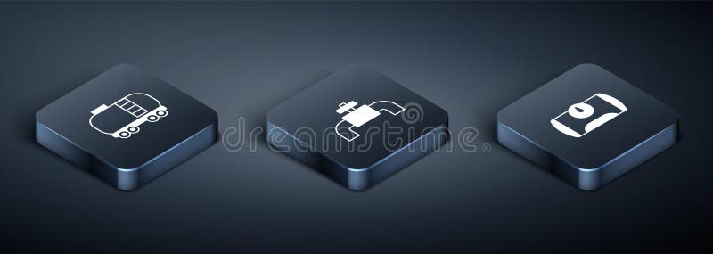 Set Isometric Oil railway cistern, Gas tank for vehicle and Metallic pipes and valve icon. Vector stock illustration