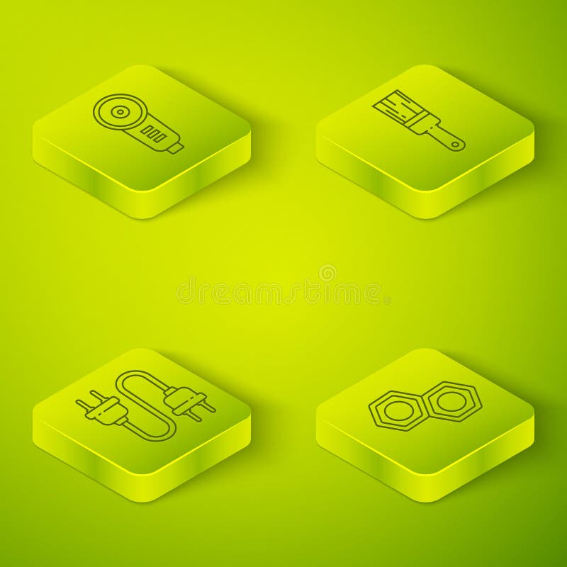 Set Isometric Paint brush, Electric plug, Hexagonal metal nut and Angle grinder icon. Vector royalty free illustration