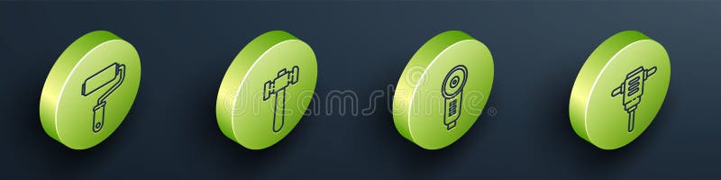 Set Isometric Paint roller brush, Hammer, Angle grinder and Electric rotary hammer drill icon. Vector royalty free illustration