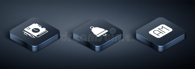Set Isometric Daily paper notepad, Morning time and Ringing bell icon. Vector stock illustration
