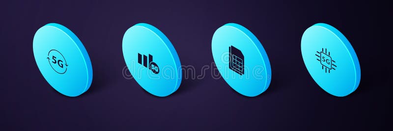 Set Isometric Processor 5G, Sim card, network and icon. Vector stock illustration