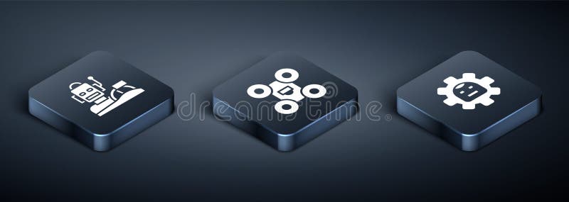 Set Isometric Robot humanoid driving a car, and Drone icon. Vector stock illustration