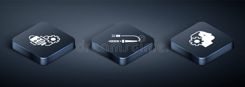 Set Isometric Robot setting, Humanoid robot and Soldering iron icon. Vector vector illustration