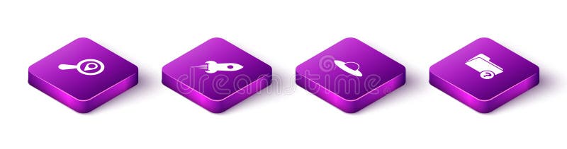 Set Isometric Search location, Rocket ship with fire, UFO flying spaceship and Unknown directory icon. Vector stock illustration