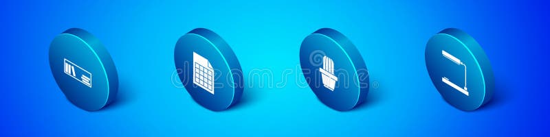 Set Isometric Shelf with books, Cactus and succulent in pot, Table lamp and File document icon. Vector royalty free illustration