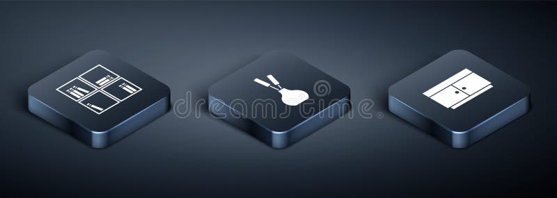 Set Isometric Shelf with books, Chest of drawers and Vase icon. Vector stock illustration