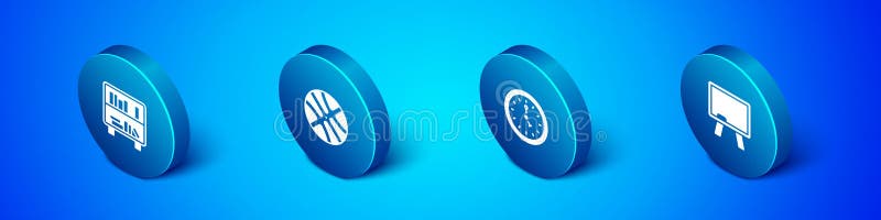 Set Isometric Shelf with books, Clock, Chalkboard and Basketball ball icon. Vector royalty free illustration