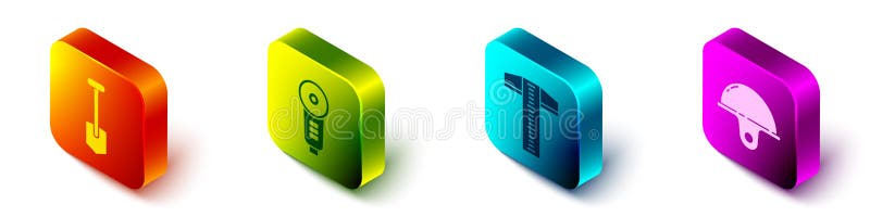 Set Isometric Shovel, Angle grinder, T-square line and Worker safety helmet icon. Vector stock illustration