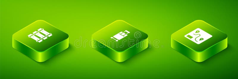 Set Isometric Suitcase, Route location and Railway, railroad track icon. Vector stock illustration