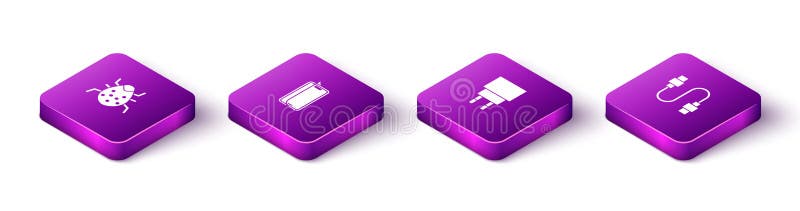 Set Isometric System bug, Glass screen protector, Charger and USB cable cord icon. Vector royalty free illustration