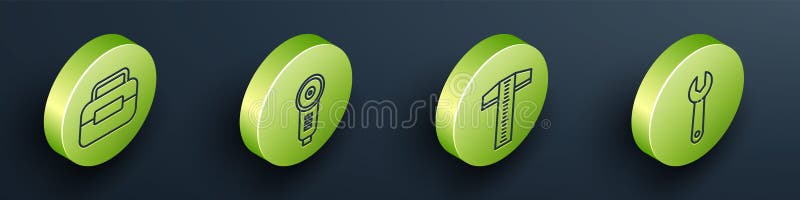 Set Isometric Toolbox, Angle grinder, T-square line and Wrench spanner icon. Vector vector illustration