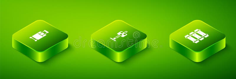 Set Isometric Train traffic light, Railway, railroad track and Suitcase icon. Vector royalty free illustration