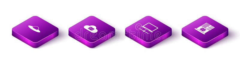 Set Isometric UFO flying spaceship, Cloud mail server, Computer network and Mail icon. Vector vector illustration