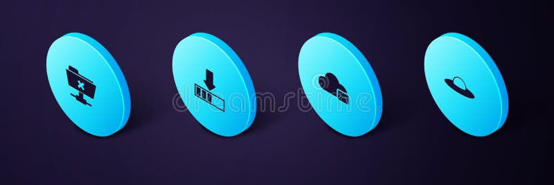 Set Isometric UFO flying spaceship, Cloud mail server, Loading and FTP cancel operation icon. Vector royalty free illustration