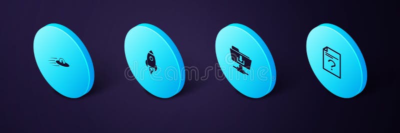 Set Isometric Unknown document, FTP folder download, Rocket ship with fire and UFO flying spaceship and alien icon vector illustration