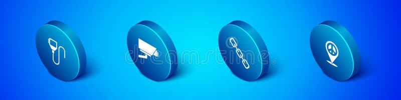 Set Isometric Walkie talkie, Chain link, Location peace and Security camera icon. Vector royalty free illustration