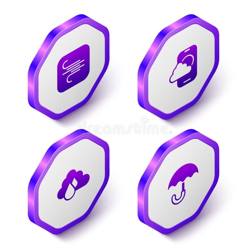 Set Isometric Wind, Weather Forecast App, Cloud with Rain and Umbrella Icon. Purple Hexagon