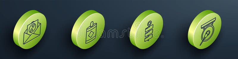 Set Isometric Yin Yang and envelope, Firework, Firework and Gong icon. Vector stock illustration