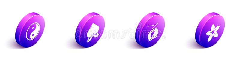 Set Isometric Yin Yang, Peach fruit, Chinese drum and Lotus flower icon. Vector stock illustration