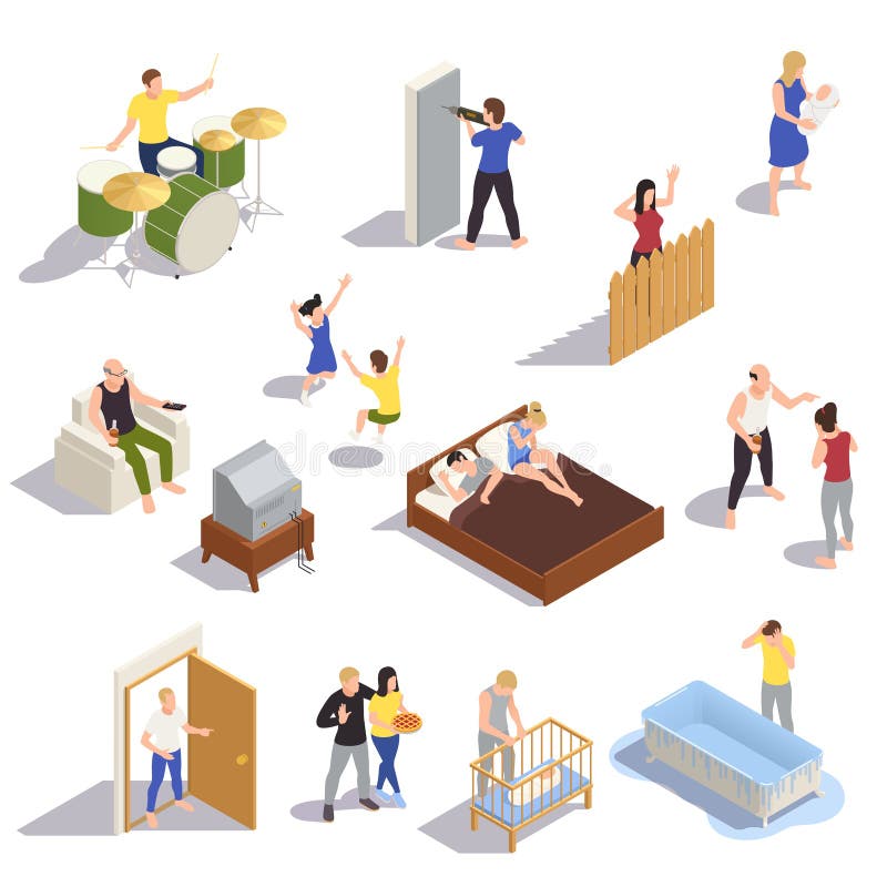 Neighbors relations conflicts isometric set with  noisy children arguing partners loud music next door drilling vector illustration. Neighbors relations conflicts isometric set with  noisy children arguing partners loud music next door drilling vector illustration