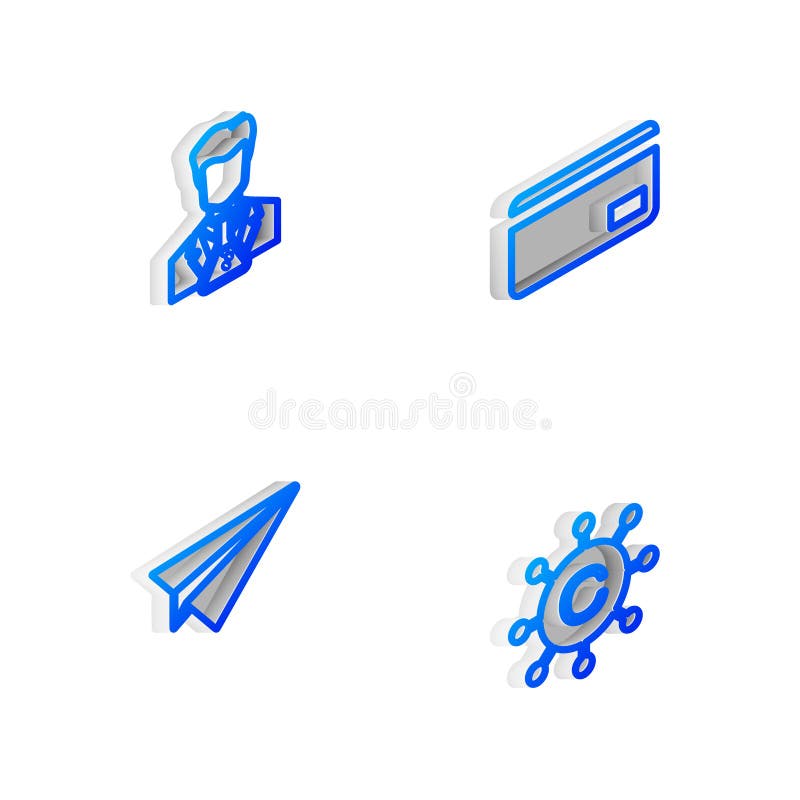 Set isometrische Zeile Kreditkarte Wissenschaftler und Teströhre Papier Flugzeug und Copywriting Netzwerk-Symbol. Vektor vektor abbildung