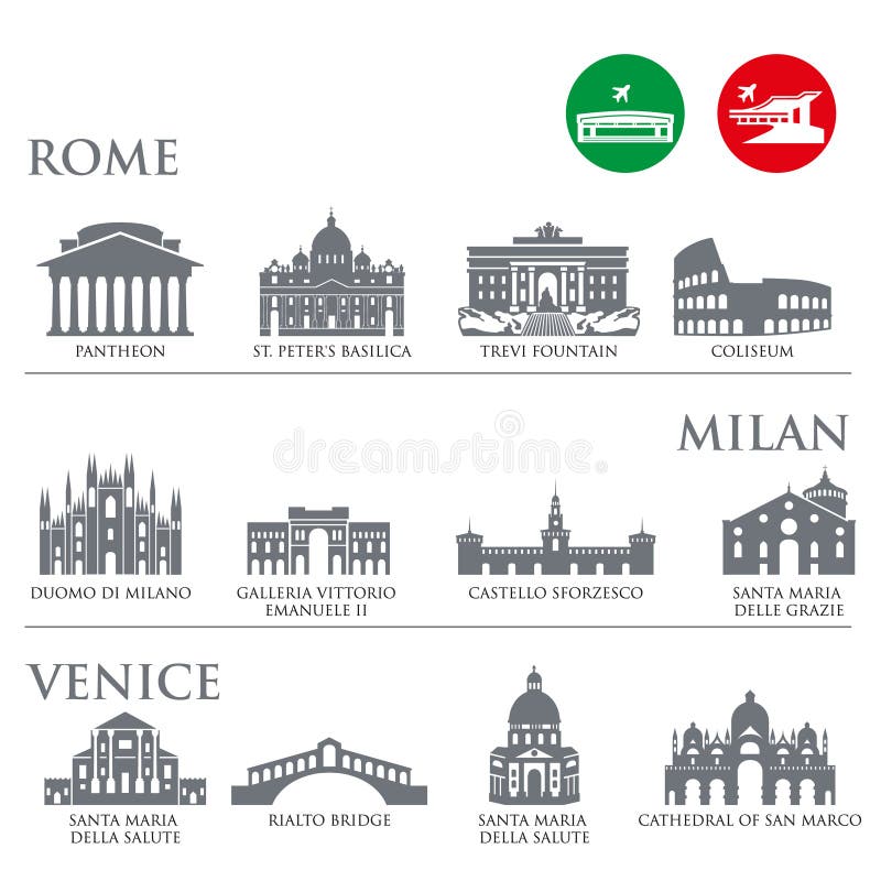 Set of Italy symbols, landmarks in gray color. Vector illustration. Venice, Milan,Italy, Rome