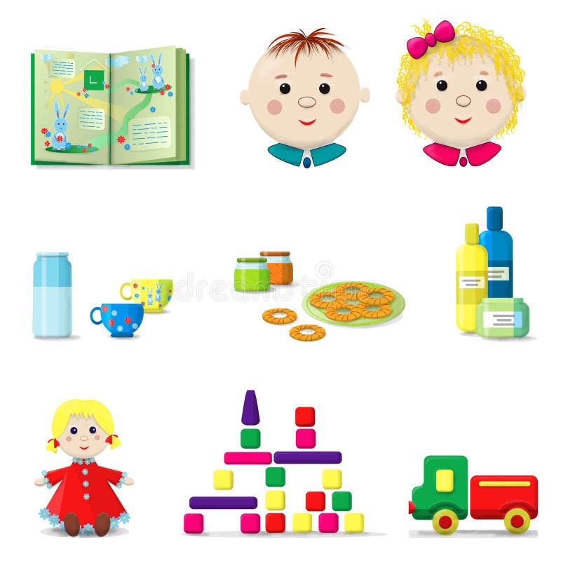 A set of items for children, a boy and a girl, isolated on a white background. Children, toys, book, food, cosmetics. royalty free illustration