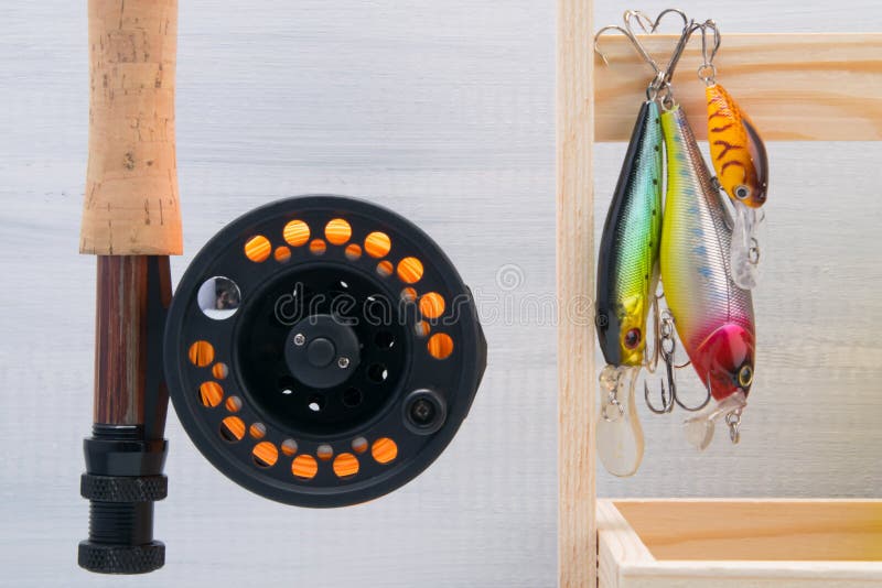 A Set of Items for Fishing, Bait with a Hook, a Reel with a Fishing Line  and a Fishing Rod, on a Light Background Stock Photo - Image of freshwater,  accessories: 175010410