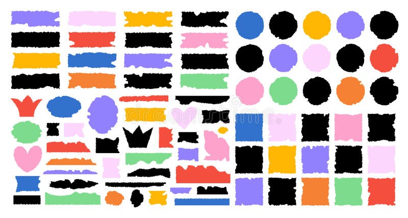 Set of jagged rectangle, square, circle and abstract colored shapes with rough edge. Crown, heart, torn paper grunge royalty free illustration