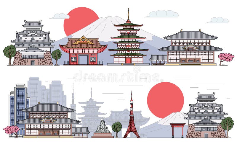 Set Of Japanese Culture Symbols - Pagoda, Crane, Bamboo, Torii Gates, Flag,  Egg Noodle And Paper Fan, Vector Illustration Isolated On White Background.  Set Of Japanese Culture Symbols, Icons, Elements. Royalty Free