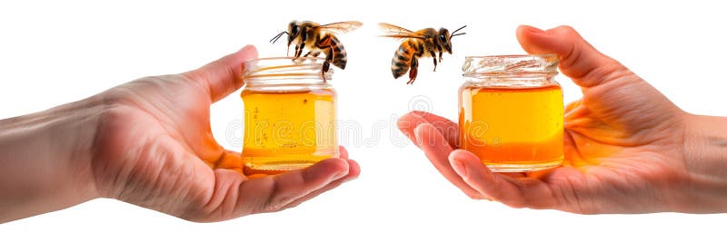 Set of jars of honey in hand close up isolated on white or transparent background. A hand holds an open jar of honey towards which a bee is flying, side view. Beekeeping, cosmetics with honey. Isolated white transparent background ai stock images, royalty-free photos and pictures