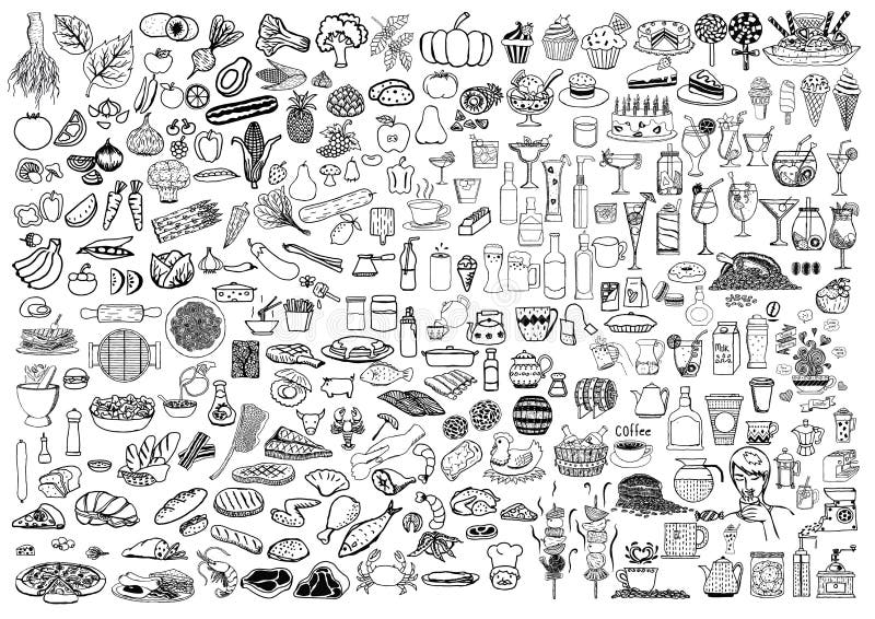 Set jedzenie i napoje doodle na białym tle royalty ilustracja