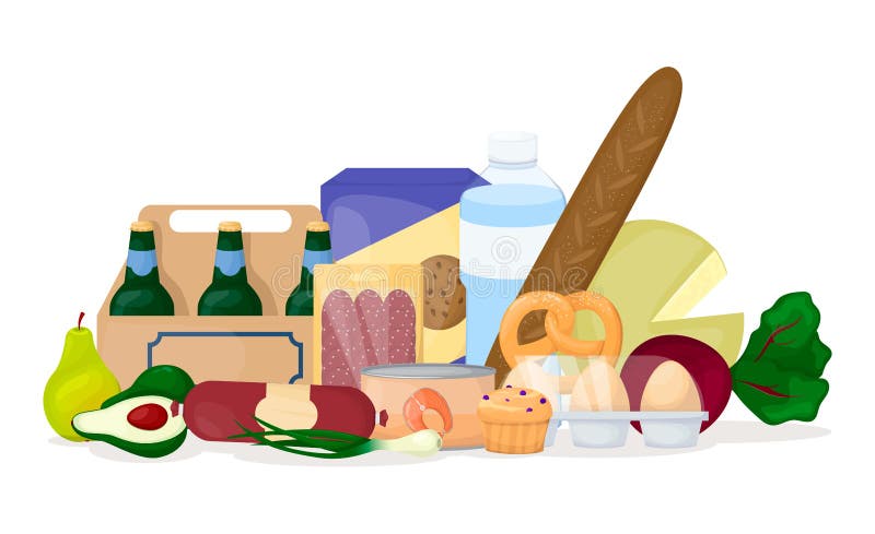 Set jedzenie Różny produktu stos grocery Piwo, jajko, warzywa, woda, ser Kreskówka wektor royalty ilustracja Set jedzenie Różny produktu stos grocery Piwo, jajko, warzywa, woda, ser Kreskówka wektor royalty ilustracja